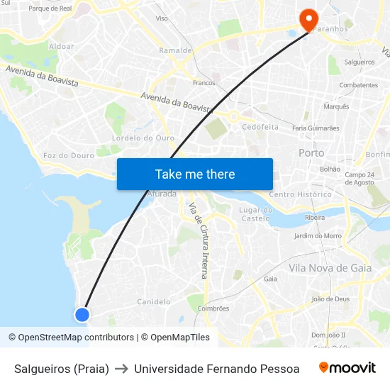 Salgueiros (Praia) to Universidade Fernando Pessoa map