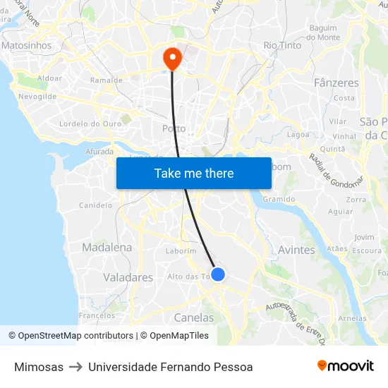 Mimosas to Universidade Fernando Pessoa map