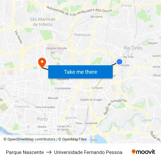 Parque Nascente to Universidade Fernando Pessoa map