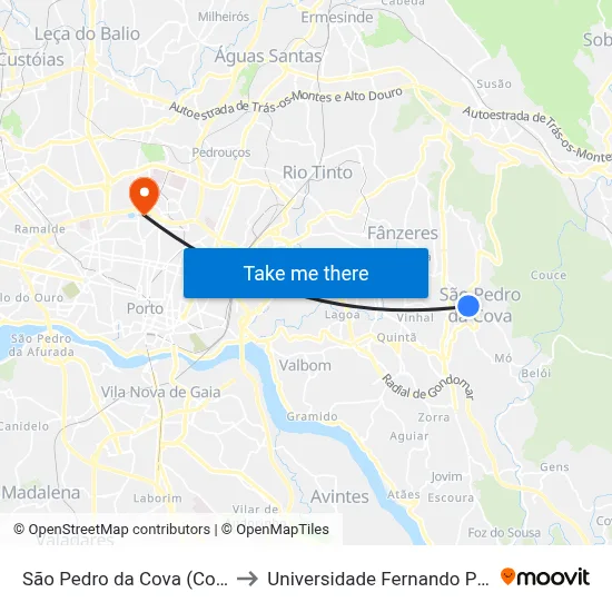 São Pedro da Cova (Covilhã) to Universidade Fernando Pessoa map