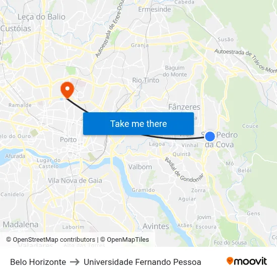 Belo Horizonte to Universidade Fernando Pessoa map