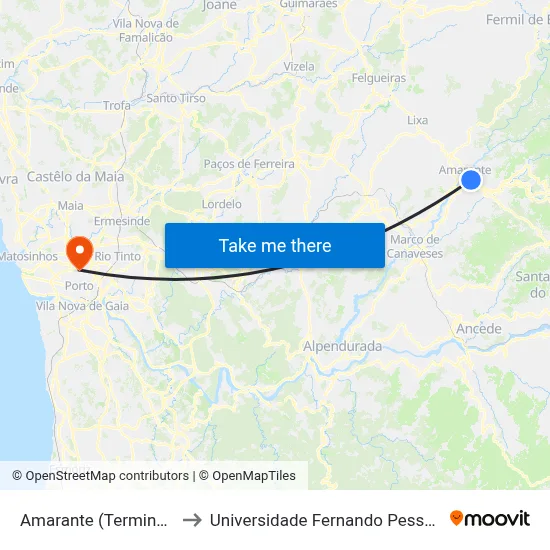 Amarante (Terminal) to Universidade Fernando Pessoa map
