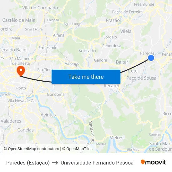 Paredes (Estação) to Universidade Fernando Pessoa map