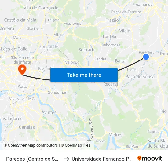 Paredes (Centro de Saúde) to Universidade Fernando Pessoa map