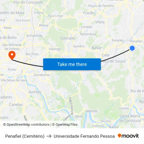 Penafiel (Cemitério) to Universidade Fernando Pessoa map