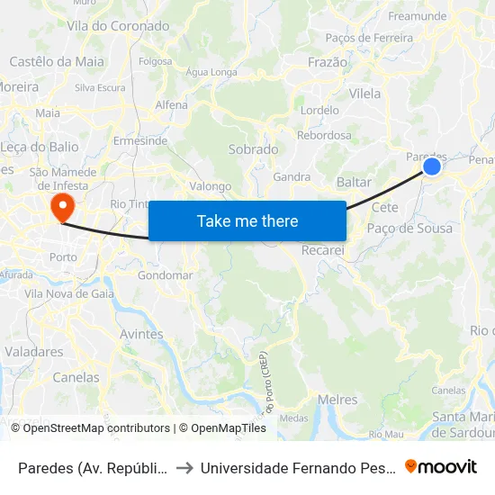 Paredes (Av. República) to Universidade Fernando Pessoa map