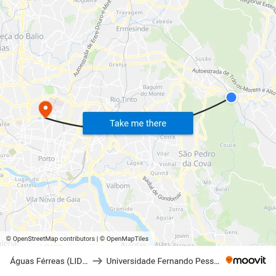 Águas Férreas (LIDL) to Universidade Fernando Pessoa map