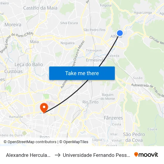 Alexandre Herculano to Universidade Fernando Pessoa map