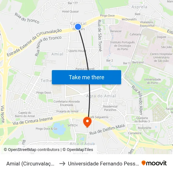 Amial (Circunvalação) to Universidade Fernando Pessoa map
