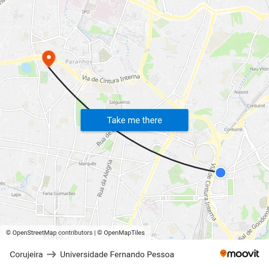 Corujeira to Universidade Fernando Pessoa map