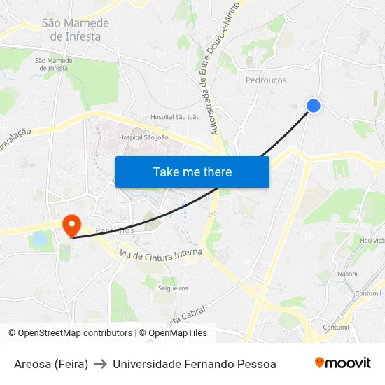 Areosa (Feira) to Universidade Fernando Pessoa map