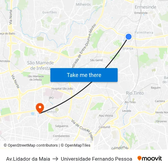 Av.Lidador da Maia to Universidade Fernando Pessoa map