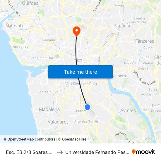Esc. EB 2/3 Soares Reis to Universidade Fernando Pessoa map