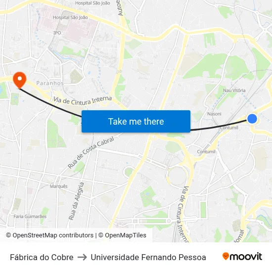 Fábrica do Cobre to Universidade Fernando Pessoa map