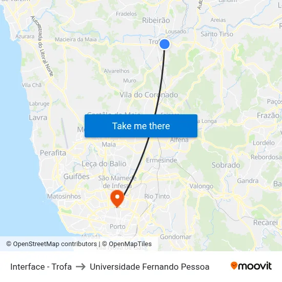 Interface - Trofa to Universidade Fernando Pessoa map