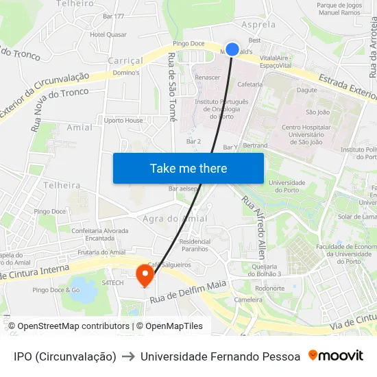 IPO (Circunvalação) to Universidade Fernando Pessoa map