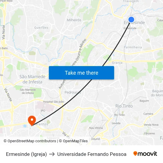 Ermesinde (Igreja) to Universidade Fernando Pessoa map