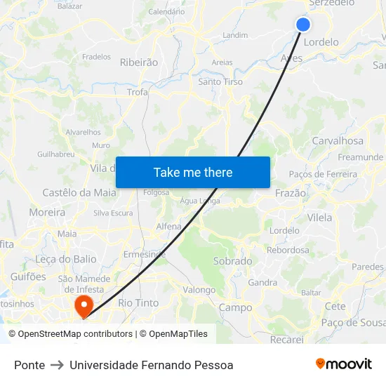 Ponte to Universidade Fernando Pessoa map