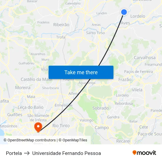 Portela to Universidade Fernando Pessoa map