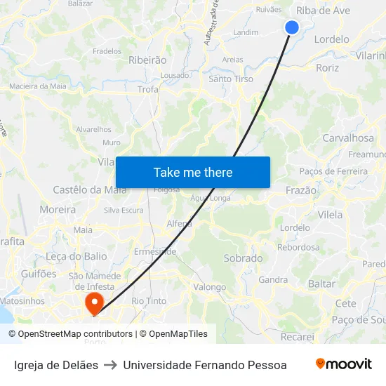 Igreja de Delães to Universidade Fernando Pessoa map