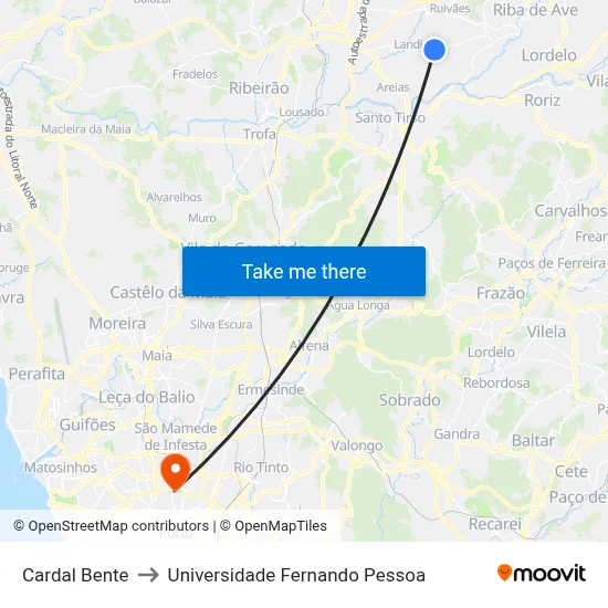 Cardal Bente to Universidade Fernando Pessoa map