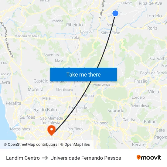 Landim Centro to Universidade Fernando Pessoa map