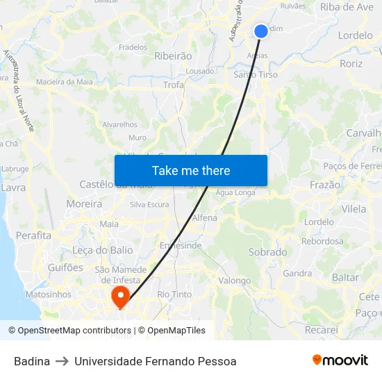 Badina to Universidade Fernando Pessoa map