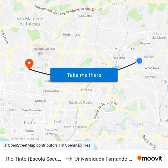 Rio Tinto (Escola Secundária) to Universidade Fernando Pessoa map