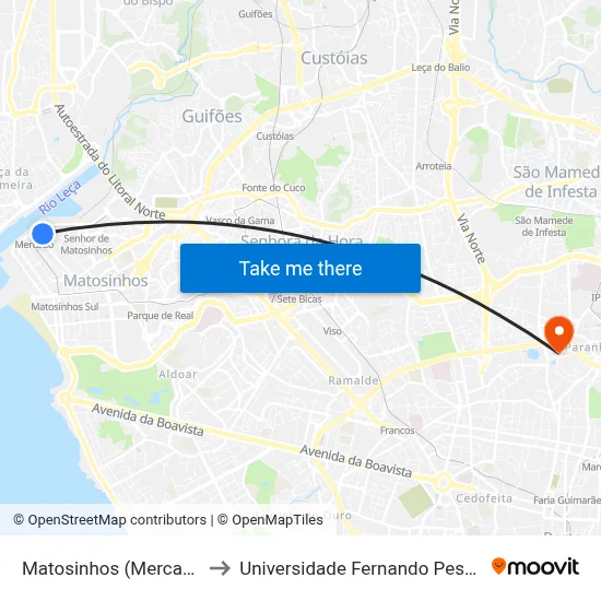 Matosinhos (Mercado) to Universidade Fernando Pessoa map