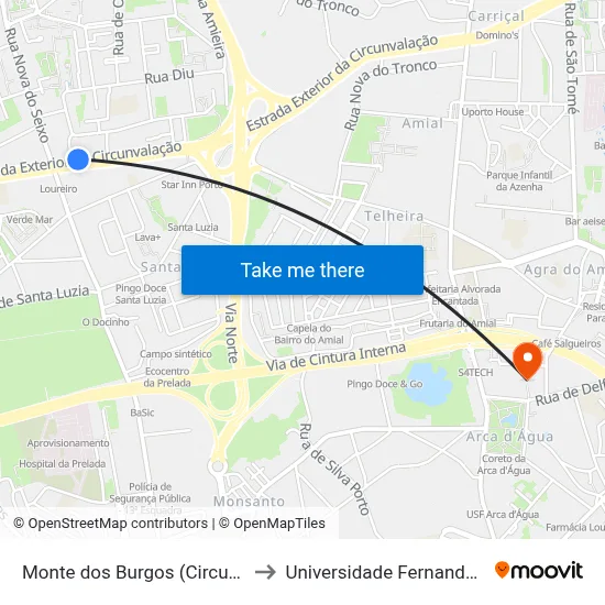Monte dos Burgos (Circunvalação) to Universidade Fernando Pessoa map