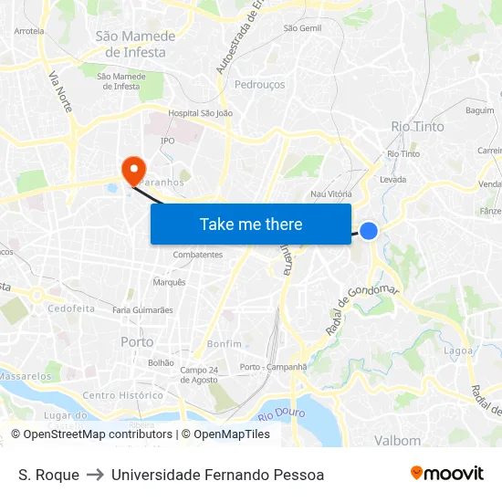 S. Roque to Universidade Fernando Pessoa map