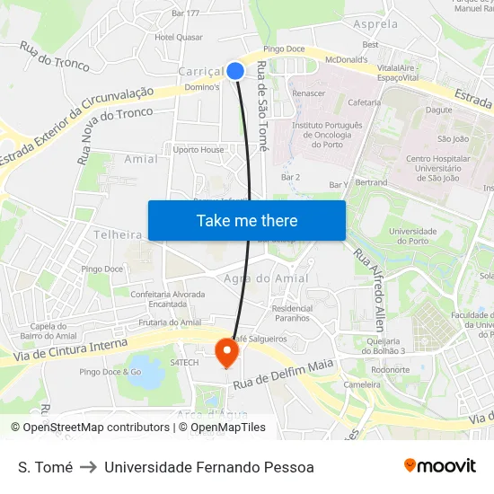 S. Tomé to Universidade Fernando Pessoa map