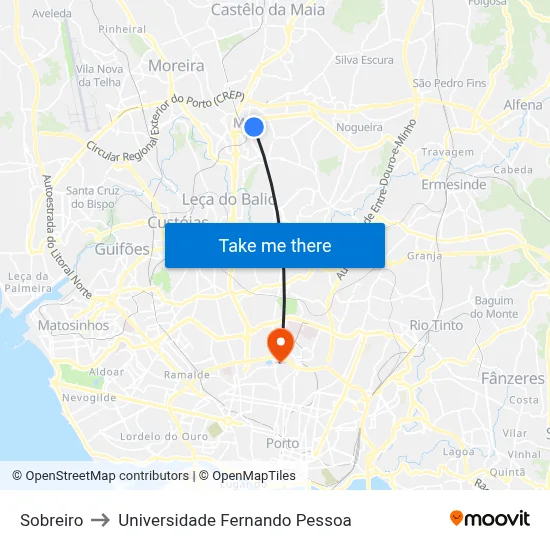 Sobreiro to Universidade Fernando Pessoa map