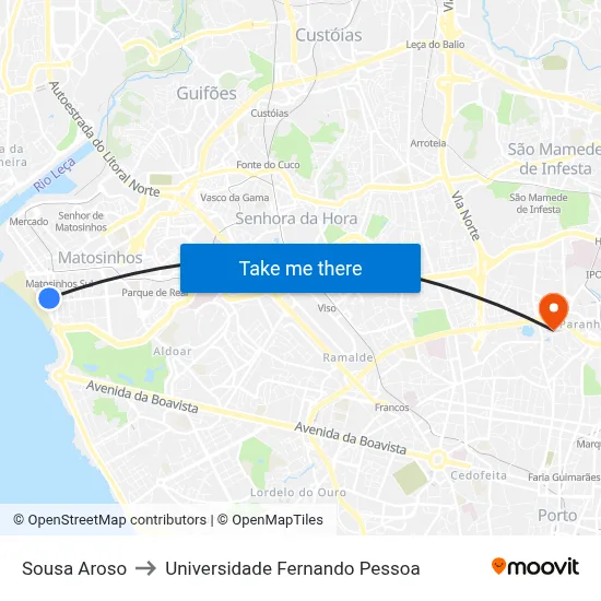 Sousa Aroso to Universidade Fernando Pessoa map