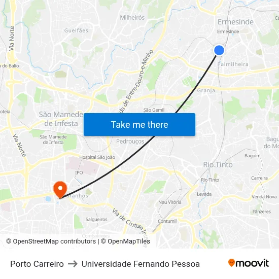 Porto Carreiro to Universidade Fernando Pessoa map