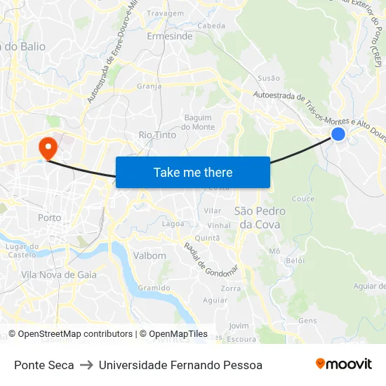 Ponte Seca to Universidade Fernando Pessoa map