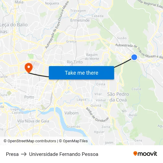 Presa to Universidade Fernando Pessoa map