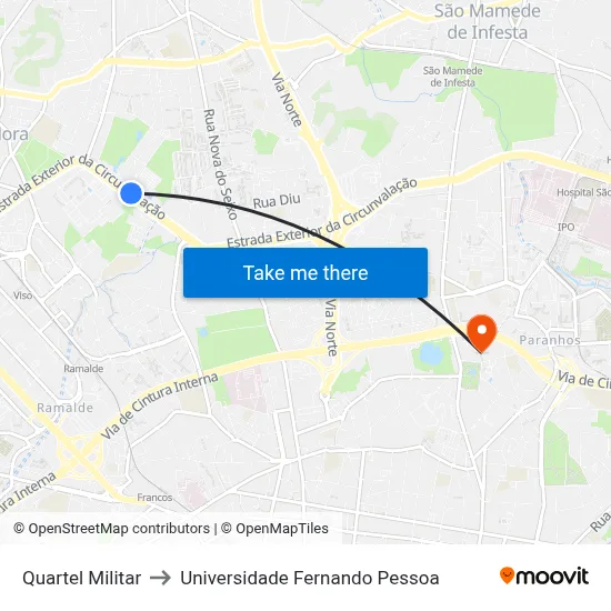 Quartel Militar to Universidade Fernando Pessoa map