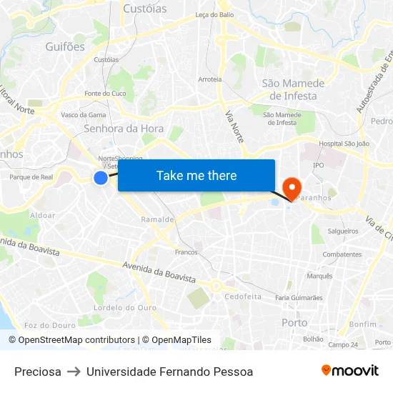 Preciosa to Universidade Fernando Pessoa map