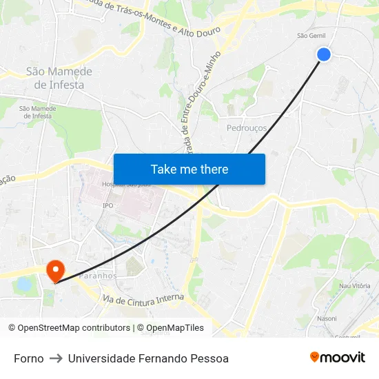 Forno to Universidade Fernando Pessoa map