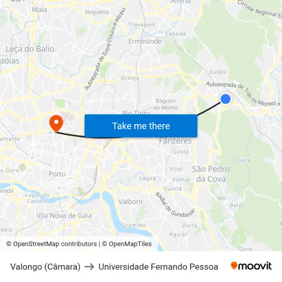 Valongo (Câmara) to Universidade Fernando Pessoa map