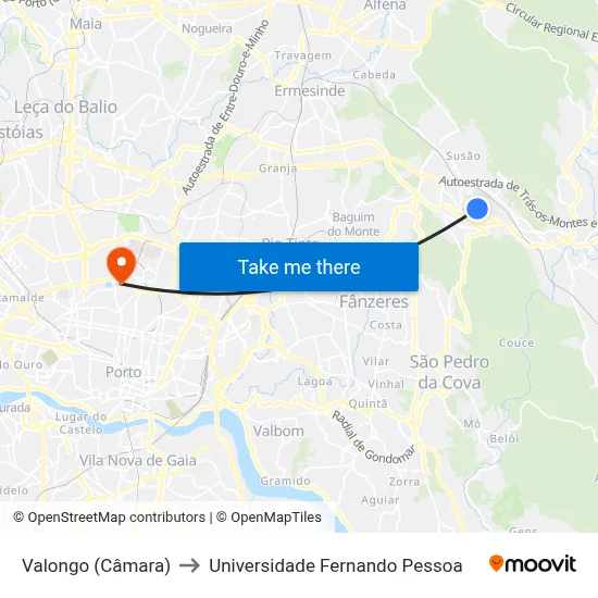 Valongo (Câmara) to Universidade Fernando Pessoa map
