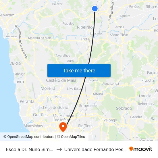 Escola Dr. Nuno Simões to Universidade Fernando Pessoa map