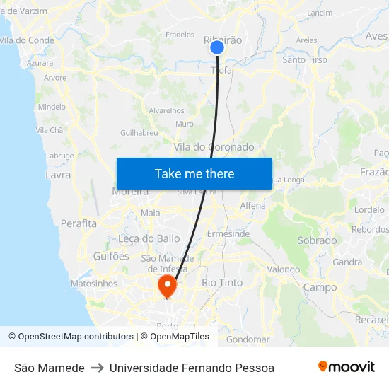 São Mamede to Universidade Fernando Pessoa map