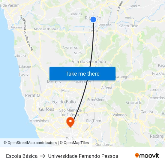Escola Básica to Universidade Fernando Pessoa map