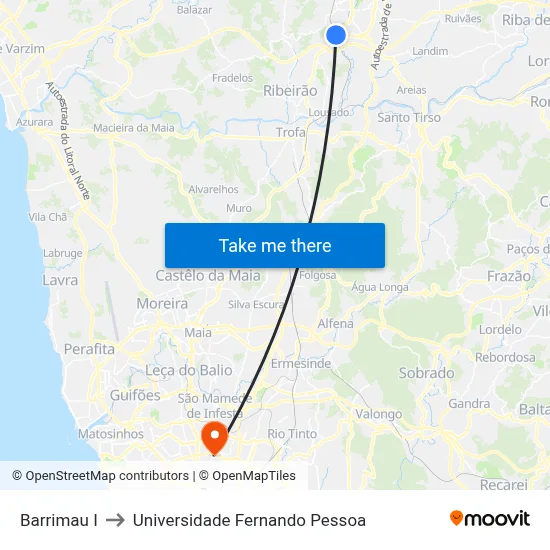 Barrimau I to Universidade Fernando Pessoa map