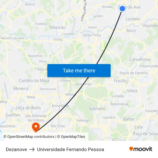 Dezanove to Universidade Fernando Pessoa map