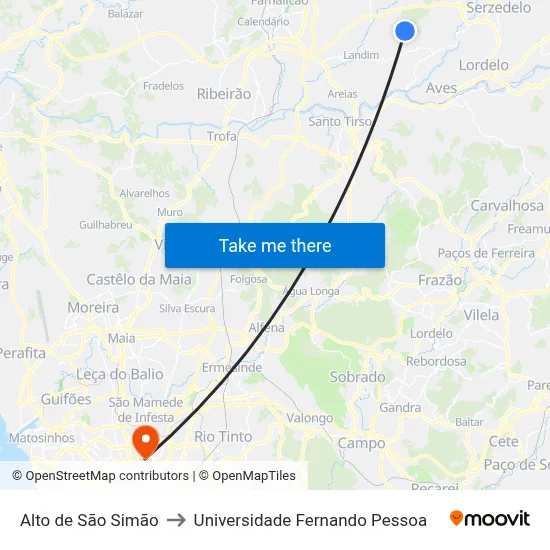 Alto de São Simão to Universidade Fernando Pessoa map