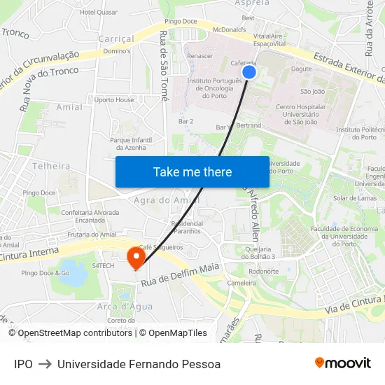 IPO to Universidade Fernando Pessoa map