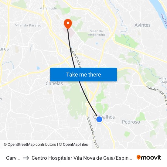 Carvalhos to Centro Hospitalar Vila Nova de Gaia / Espinho Santos Silva - Unidade 1 map